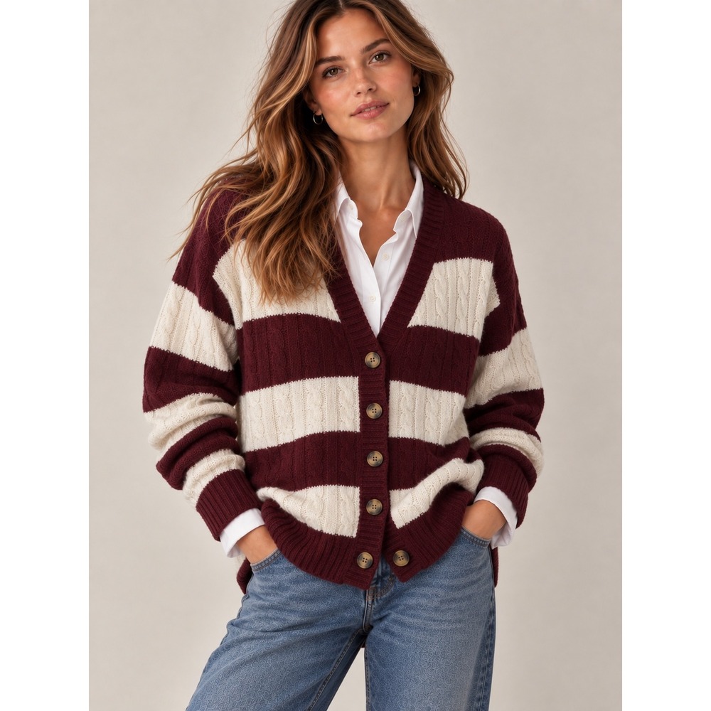 Love Change Burgundy Striped Cable Knit Cardigan, XL